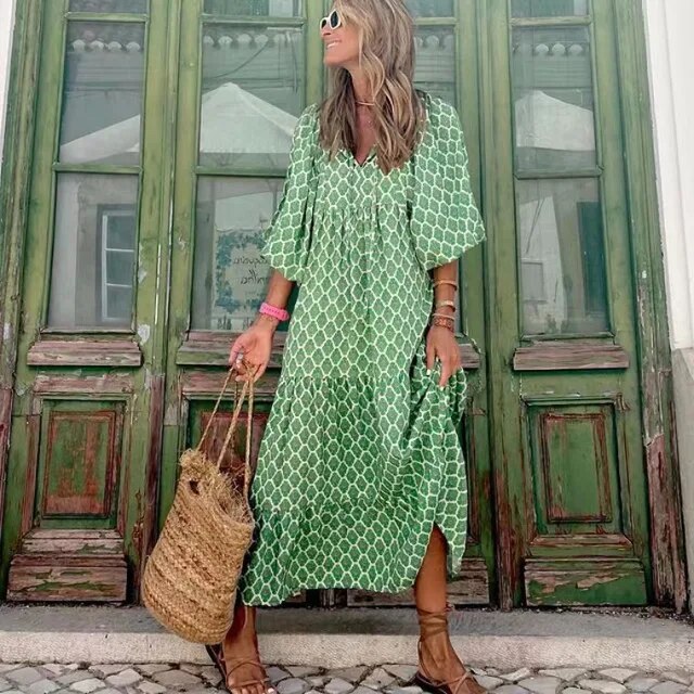 MB | Langes, frühlingshaftes Kleid mit Puffärmeln