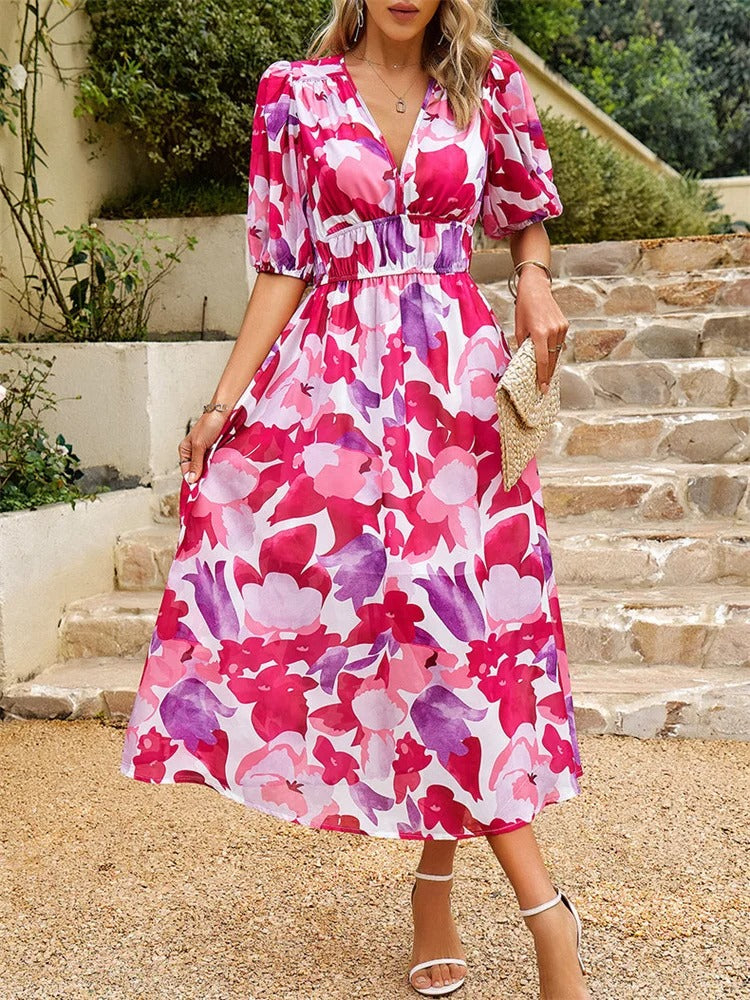 MB | Buntes Maxikleid mit V-Ausschnitt