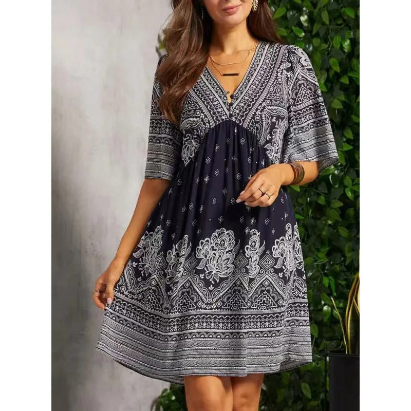 MB | Bedrucktes Midikleid mit V-Ausschnitt