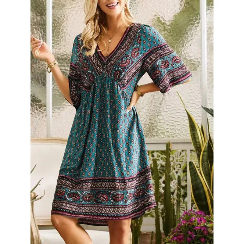MB | Bedrucktes Midikleid mit V-Ausschnitt