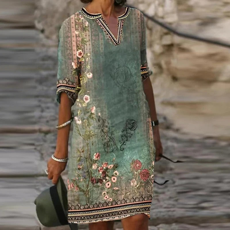 MB | Grünes Midikleid mit V-Ausschnitt und Blumenmuster