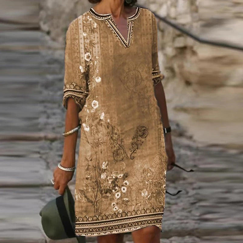 MB | Grünes Midikleid mit V-Ausschnitt und Blumenmuster