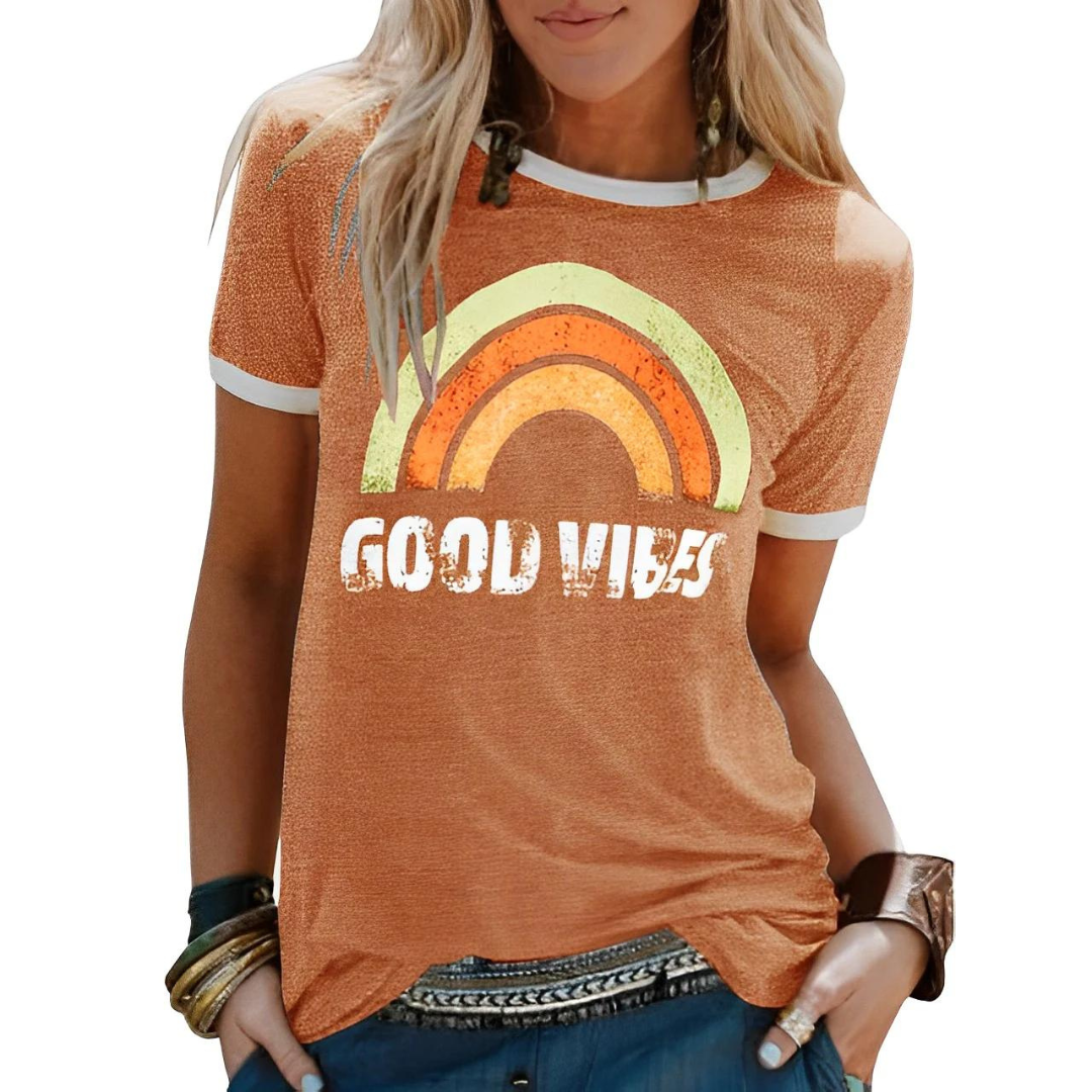 MB | Elegantes Retro-Regenbogen-Good-Vibes-T-Shirt