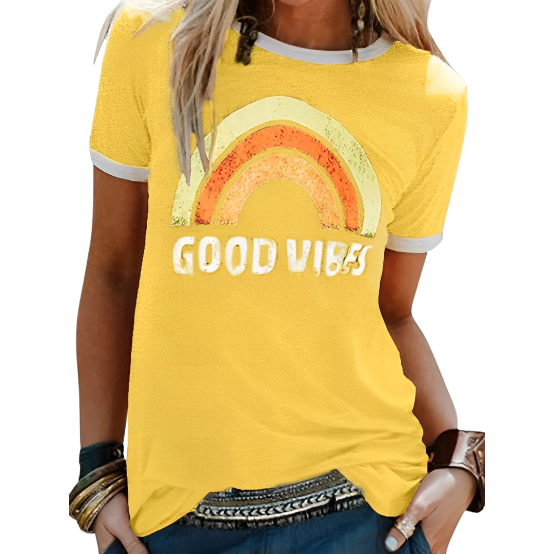 MB | Elegantes Retro-Regenbogen-Good-Vibes-T-Shirt