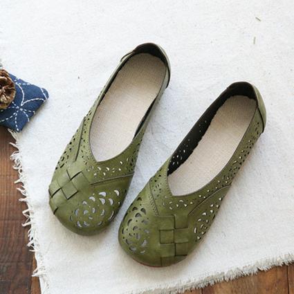 Babakud Hollow Out Plait Linen Insole Leather Flats Casual Shoes