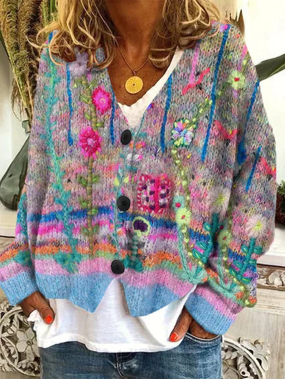 MB | Floral gestrickte Strickjacke mit Knopfleiste