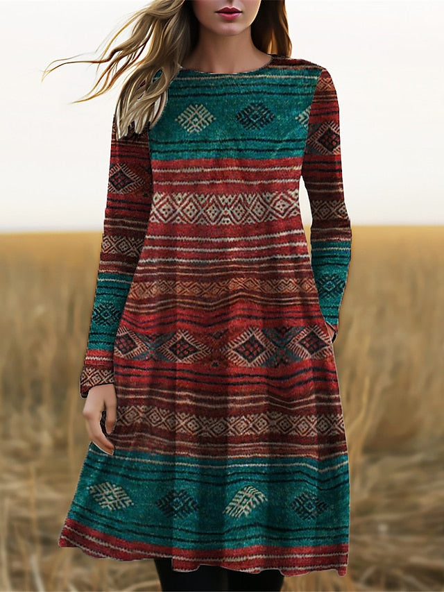 MB | Langärmeliges Midikleid mit Boho-Print