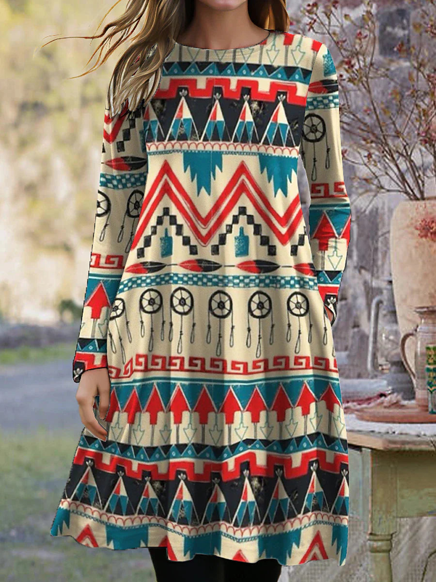 MB | Langärmeliges Midikleid mit Boho-Print