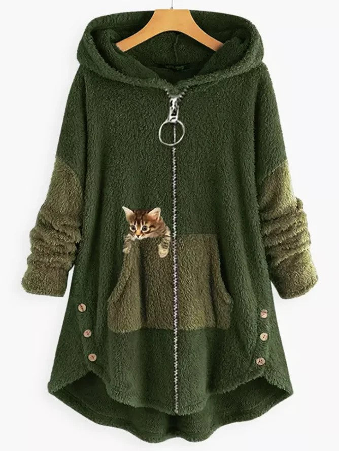 MB | Kuschelige Fleece-Kapuzenjacke mit liebenswertem Katzenprint